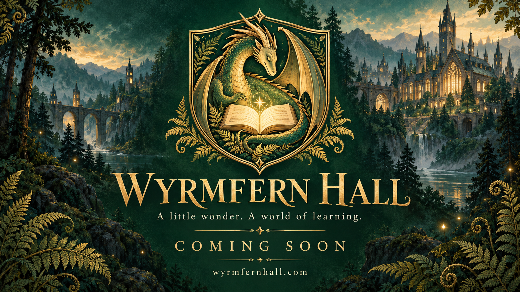 A golden dragon guards an open book in an enchanted forest. Wyrmfern Hall. A little wonder. A world of learning. Coming soon.